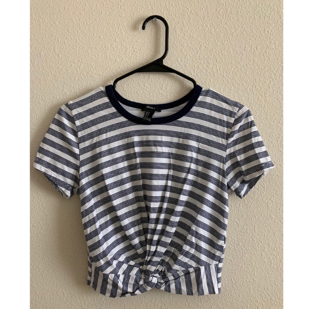 Forever 21 Navy Blue Striped Short Sleeve Top